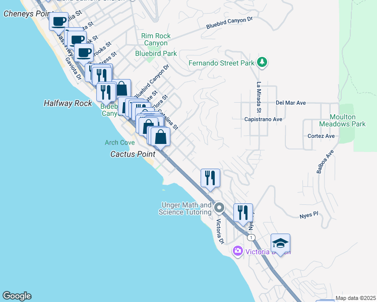 map of restaurants, bars, coffee shops, grocery stores, and more near 2260 Glenneyre Street in Laguna Beach