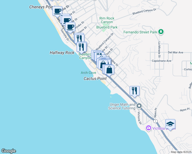 map of restaurants, bars, coffee shops, grocery stores, and more near 1991 Ocean Way in Laguna Beach