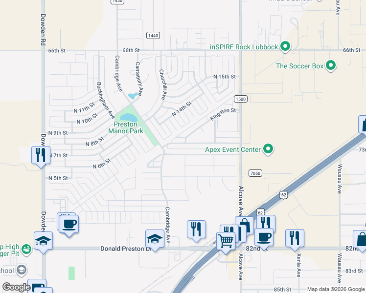 map of restaurants, bars, coffee shops, grocery stores, and more near 1011 Preston Trail in Wolfforth
