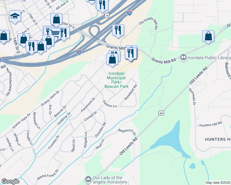 map of restaurants, bars, coffee shops, grocery stores, and more near 5317 Cornell Drive in Irondale