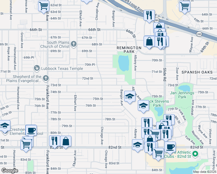 map of restaurants, bars, coffee shops, grocery stores, and more near 5417 74th Street in Lubbock