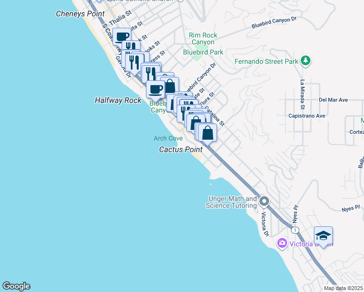 map of restaurants, bars, coffee shops, grocery stores, and more near 1991 Ocean Way in Laguna Beach