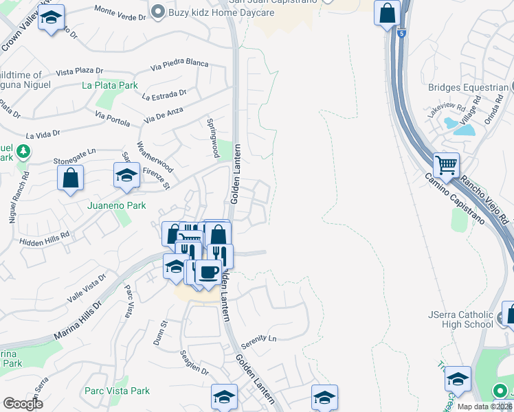 map of restaurants, bars, coffee shops, grocery stores, and more near 29 Grenada Street in Laguna Niguel