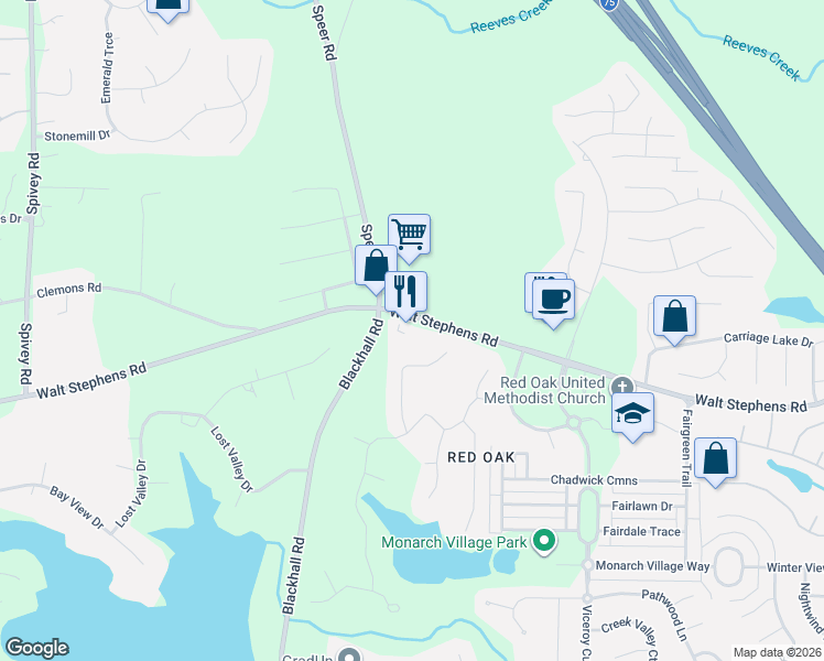 map of restaurants, bars, coffee shops, grocery stores, and more near 3590 Walt Stephens Road in Stockbridge