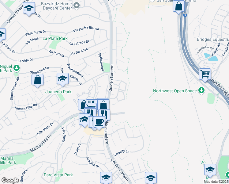 map of restaurants, bars, coffee shops, grocery stores, and more near 15 Aruba Street in Laguna Niguel
