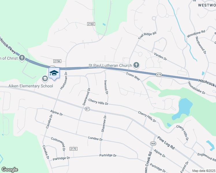 map of restaurants, bars, coffee shops, grocery stores, and more near 131 Inwood Drive in Aiken