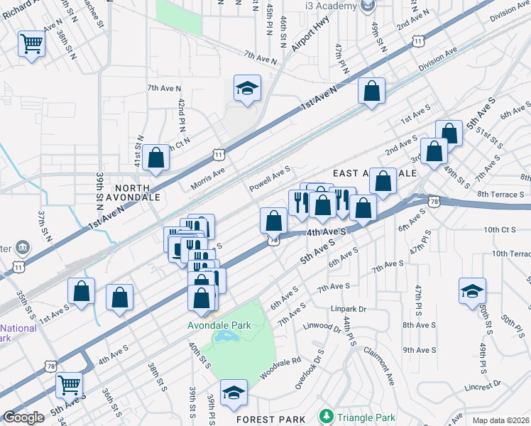 map of restaurants, bars, coffee shops, grocery stores, and more near 109 43rd Street South in Birmingham