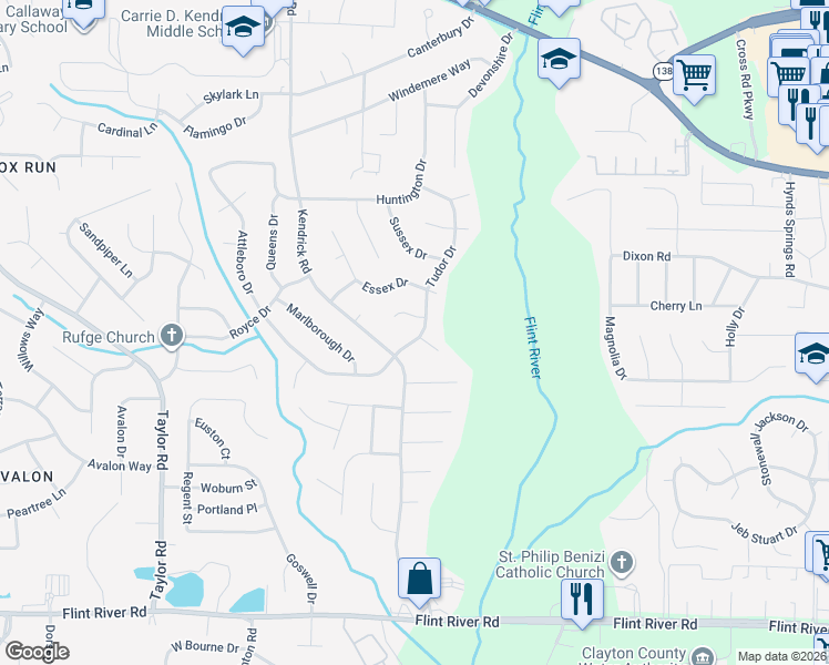 map of restaurants, bars, coffee shops, grocery stores, and more near 8289 Tudor Drive in Jonesboro