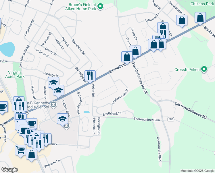 map of restaurants, bars, coffee shops, grocery stores, and more near 520 E Pine Log Rd in Aiken