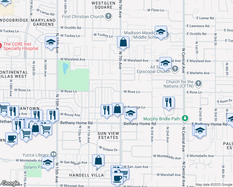 map of restaurants, bars, coffee shops, grocery stores, and more near 707 West Rose Lane in Phoenix
