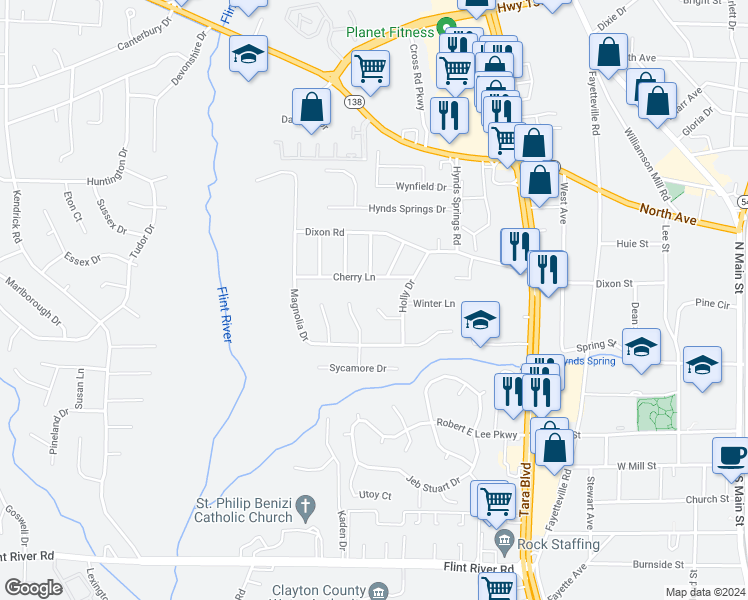 map of restaurants, bars, coffee shops, grocery stores, and more near 654 Selden Court in Jonesboro