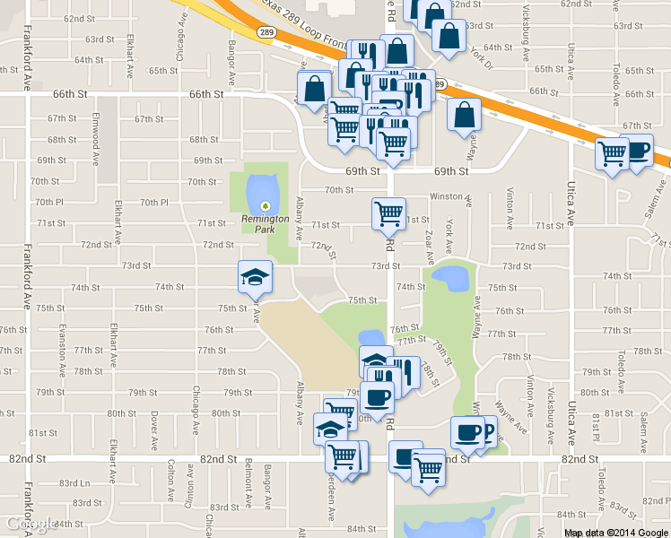 map of restaurants, bars, coffee shops, grocery stores, and more near 7203 Aberdeen Avenue in Lubbock