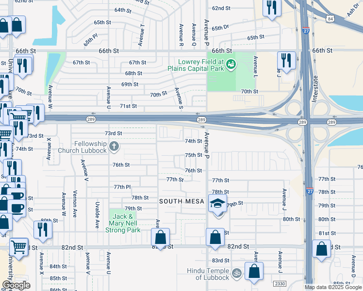 map of restaurants, bars, coffee shops, grocery stores, and more near 1701 Texas 289 Loop Frontage Road in Lubbock
