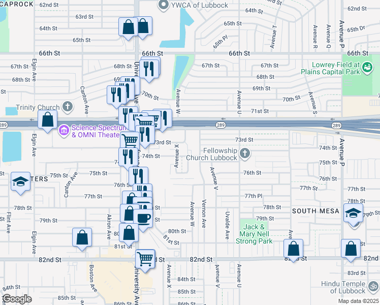 map of restaurants, bars, coffee shops, grocery stores, and more near 101 Avenue X in Lubbock