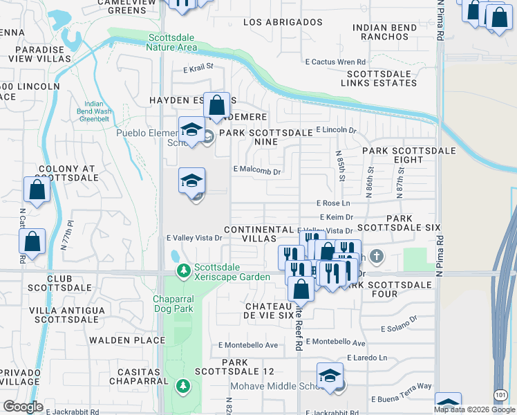 map of restaurants, bars, coffee shops, grocery stores, and more near 8250 East Rose Lane in Scottsdale
