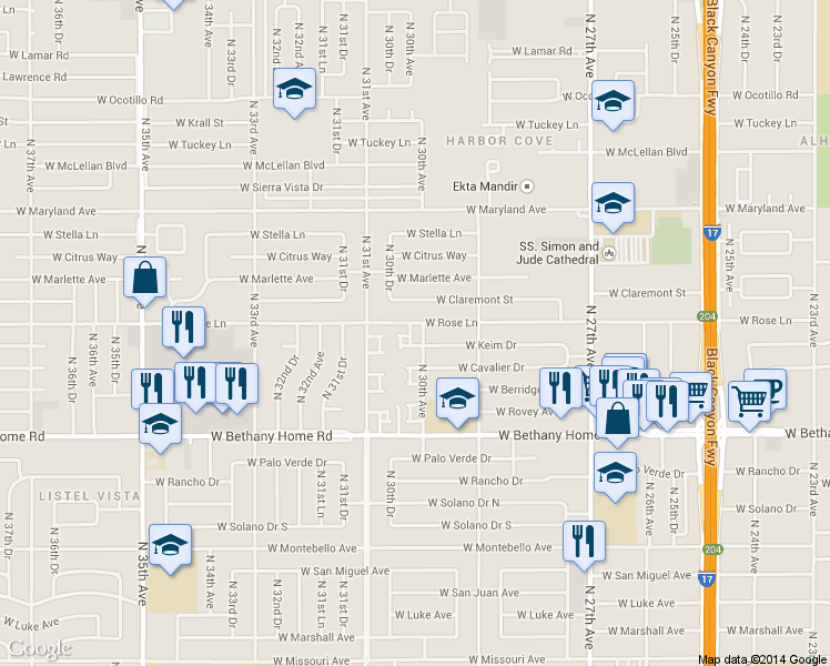 map of restaurants, bars, coffee shops, grocery stores, and more near 2933 West Claremont Street in Phoenix