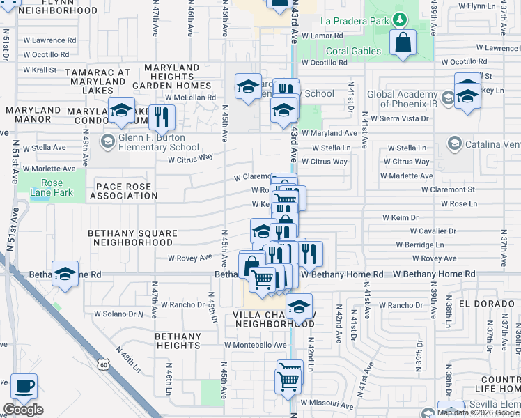 map of restaurants, bars, coffee shops, grocery stores, and more near 4337 West Rose Lane in Glendale