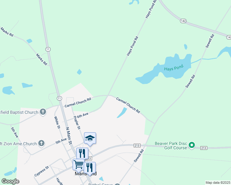 map of restaurants, bars, coffee shops, grocery stores, and more near 225 Carmel Church Road in Mansfield