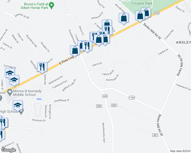 map of restaurants, bars, coffee shops, grocery stores, and more near 136 Tahoe Drive in Aiken
