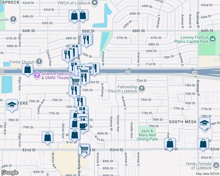 map of restaurants, bars, coffee shops, grocery stores, and more near 101 Avenue X in Lubbock