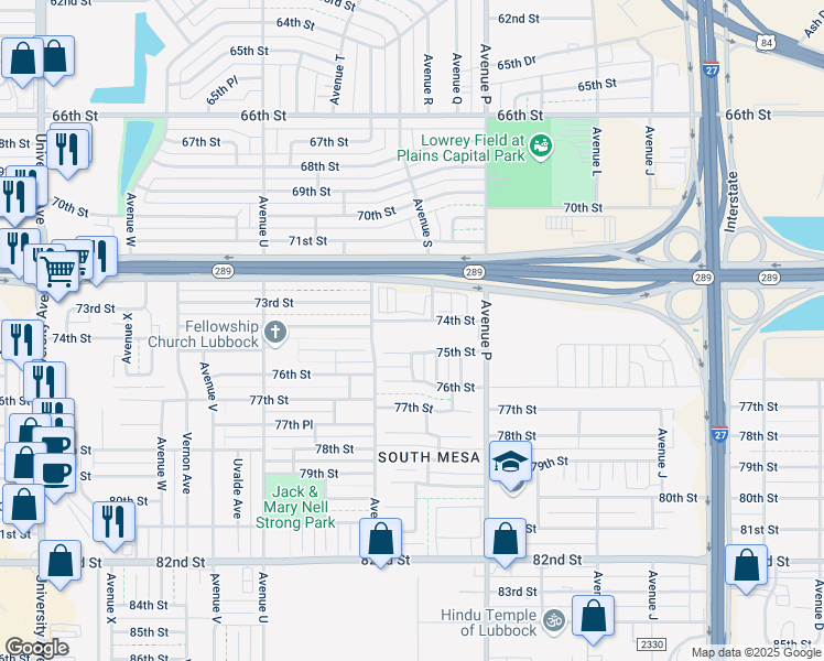 map of restaurants, bars, coffee shops, grocery stores, and more near 1745 74th Street in Lubbock