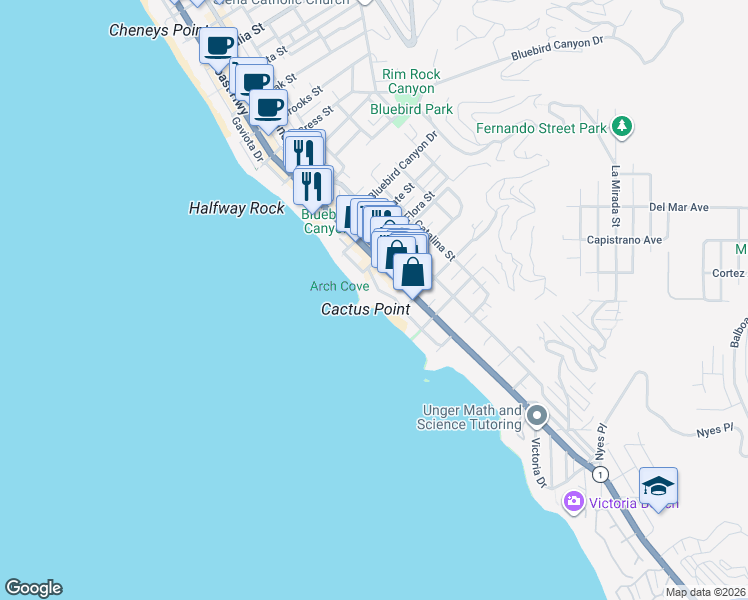 map of restaurants, bars, coffee shops, grocery stores, and more near 1907 Ocean Way in Laguna Beach