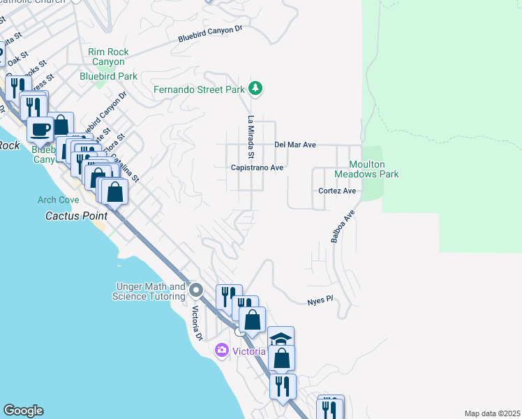 map of restaurants, bars, coffee shops, grocery stores, and more near 855 Miramar Street in Laguna Beach
