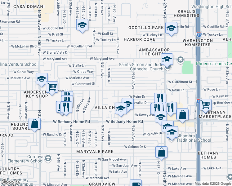 map of restaurants, bars, coffee shops, grocery stores, and more near 2933 West Claremont Street in Phoenix