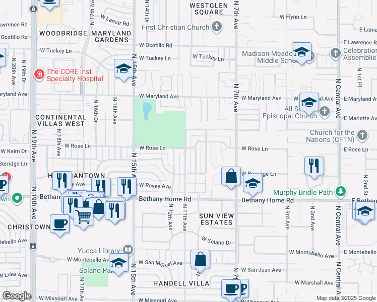 map of restaurants, bars, coffee shops, grocery stores, and more near 920 West Rose Lane in Phoenix