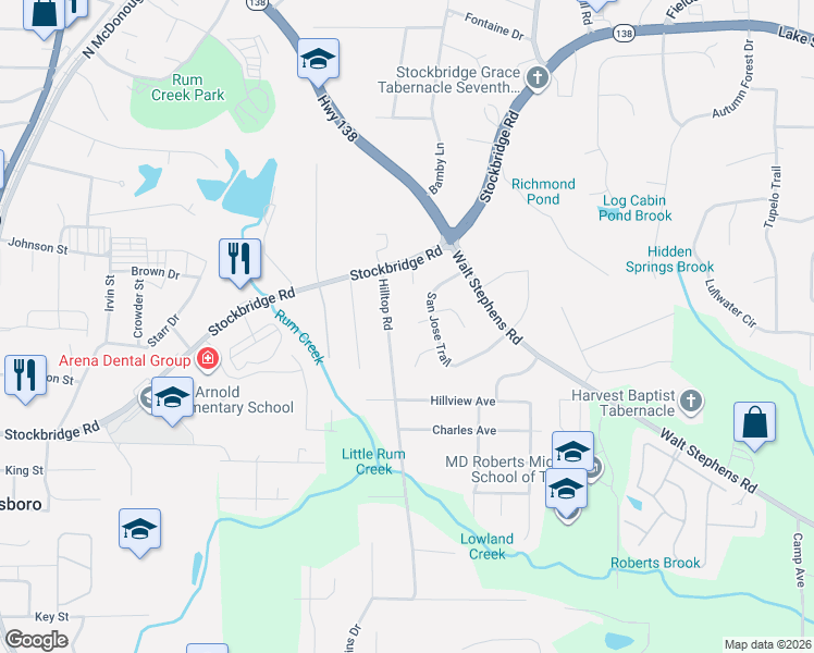 map of restaurants, bars, coffee shops, grocery stores, and more near 8303 San Jose Trail in Jonesboro