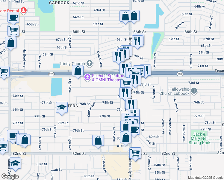 map of restaurants, bars, coffee shops, grocery stores, and more near 7302 University Avenue in Lubbock
