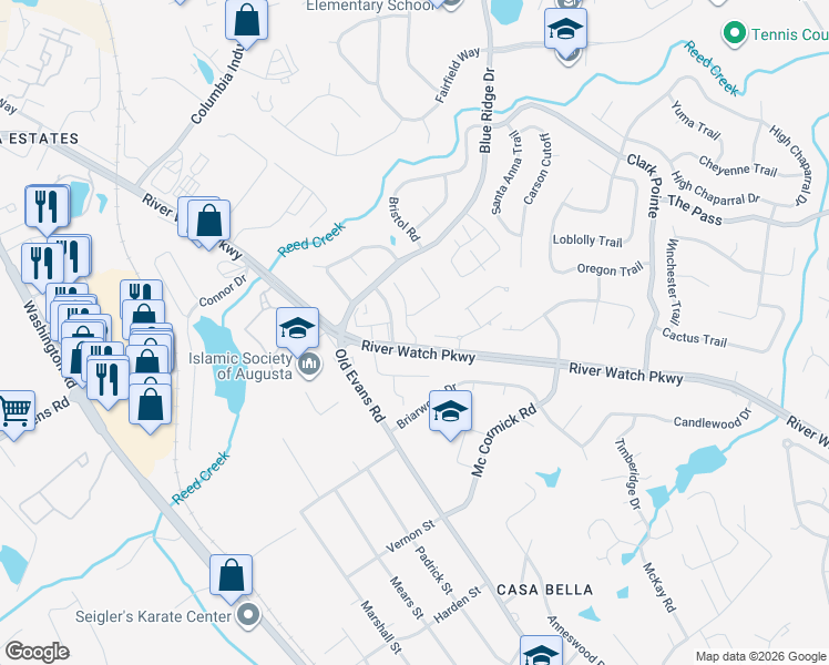 map of restaurants, bars, coffee shops, grocery stores, and more near 4101 River Watch Parkway in Augusta