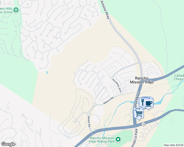 map of restaurants, bars, coffee shops, grocery stores, and more near 5 Diseno Street in Ladera Ranch