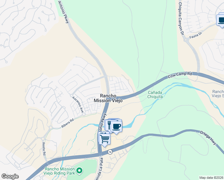 map of restaurants, bars, coffee shops, grocery stores, and more near 5 Abarrota Street in Ladera Ranch