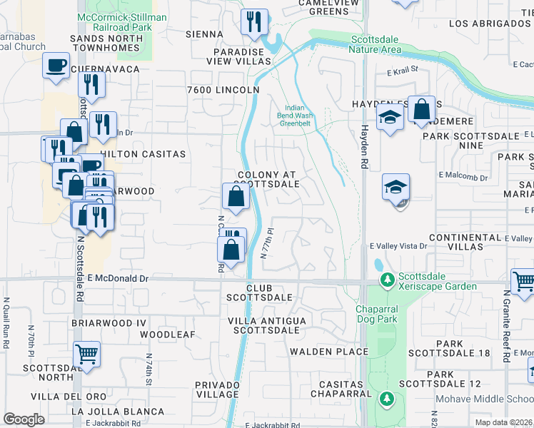 map of restaurants, bars, coffee shops, grocery stores, and more near 6144 North 77th Place in Scottsdale