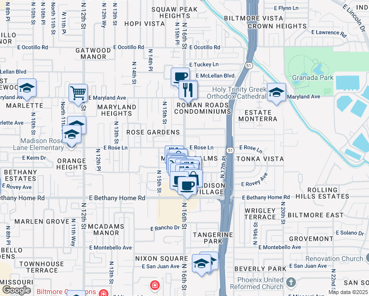 map of restaurants, bars, coffee shops, grocery stores, and more near North 16th Street & East Rose Lane in Phoenix