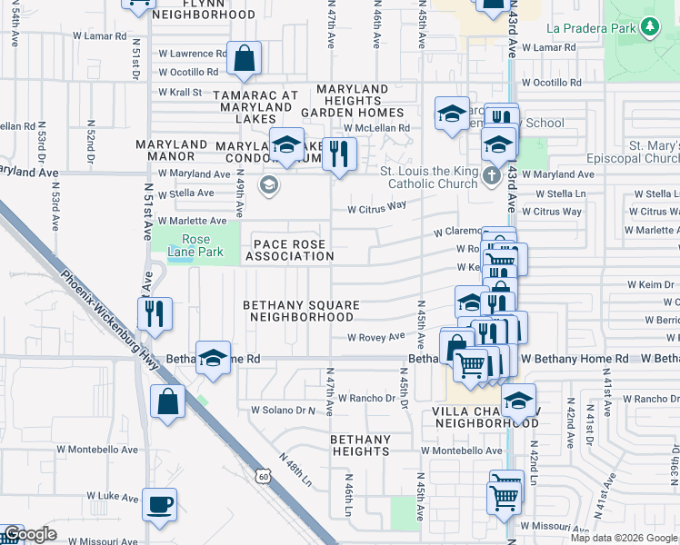 map of restaurants, bars, coffee shops, grocery stores, and more near 4631 West Claremont Street in Glendale