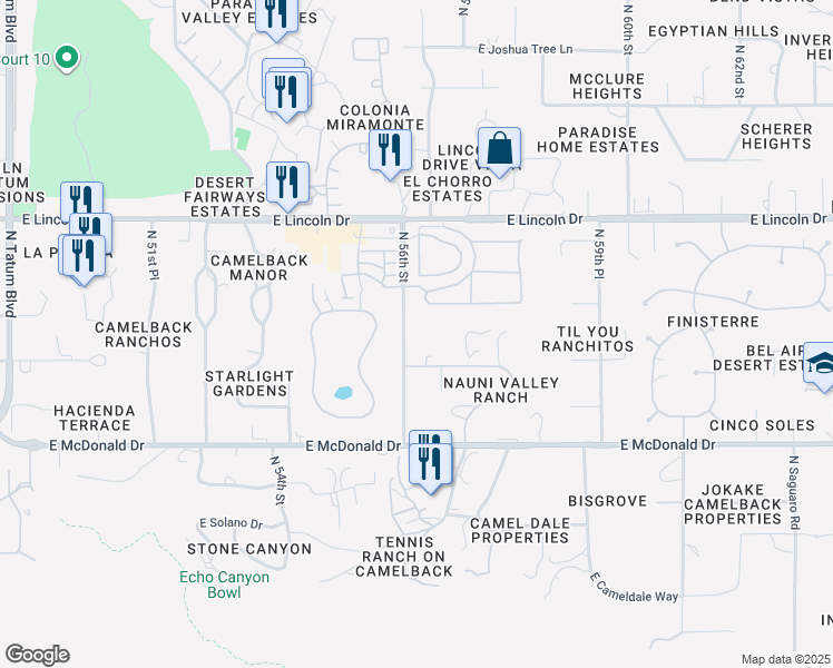 map of restaurants, bars, coffee shops, grocery stores, and more near 6069 North 56th Street in Paradise Valley