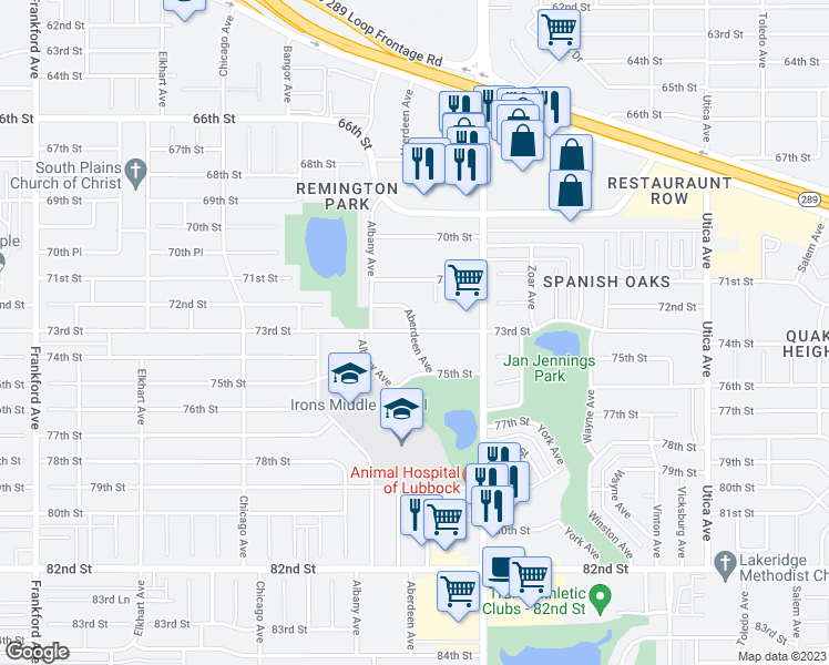 map of restaurants, bars, coffee shops, grocery stores, and more near 7305 Aberdeen Avenue in Lubbock