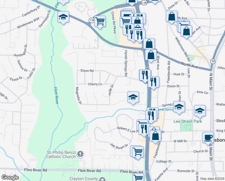 map of restaurants, bars, coffee shops, grocery stores, and more near 687 Cherry Lane in Jonesboro