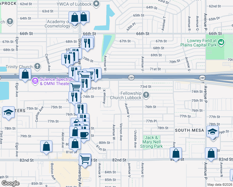 map of restaurants, bars, coffee shops, grocery stores, and more near 7402 Avenue W in Lubbock