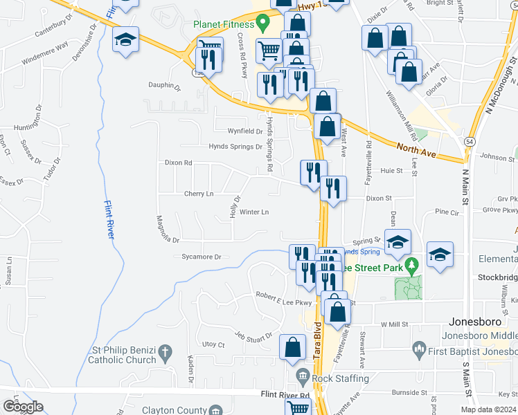 map of restaurants, bars, coffee shops, grocery stores, and more near 742 Winter Lane in Jonesboro