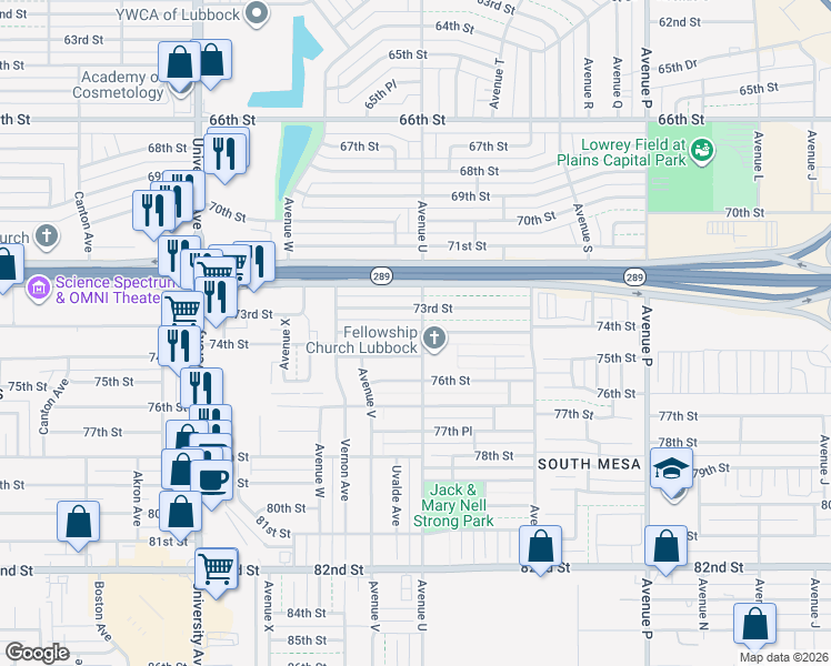 map of restaurants, bars, coffee shops, grocery stores, and more near 2101 73rd Street in Lubbock