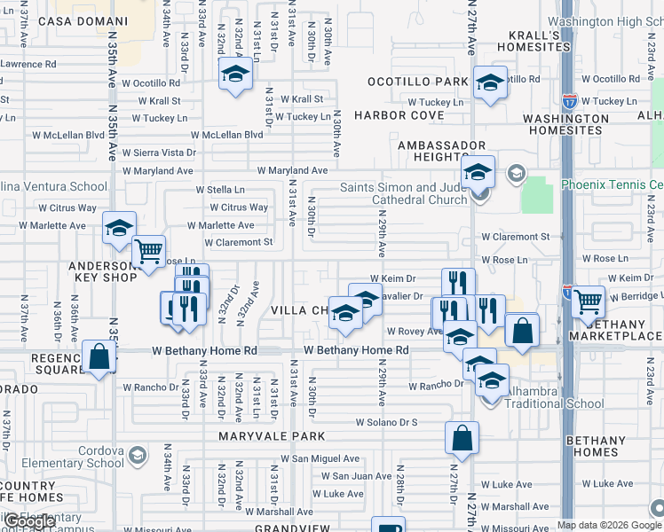 map of restaurants, bars, coffee shops, grocery stores, and more near 2933 West Claremont Street in Phoenix