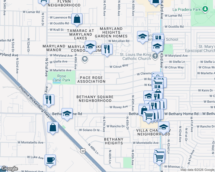 map of restaurants, bars, coffee shops, grocery stores, and more near 4631 West Claremont Street in Glendale