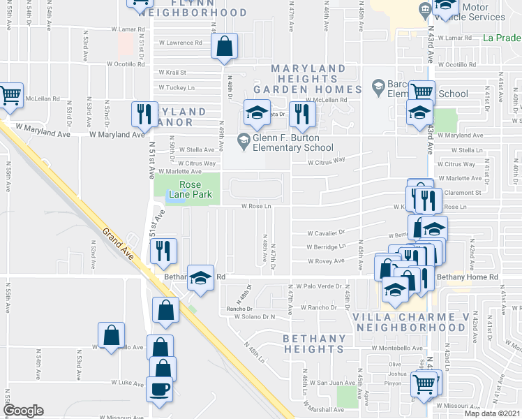 map of restaurants, bars, coffee shops, grocery stores, and more near 4824 West Rose Lane in Glendale