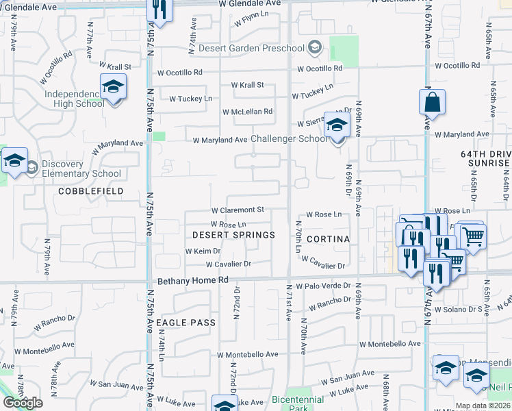 map of restaurants, bars, coffee shops, grocery stores, and more near 7168 West Marlette Avenue in Glendale
