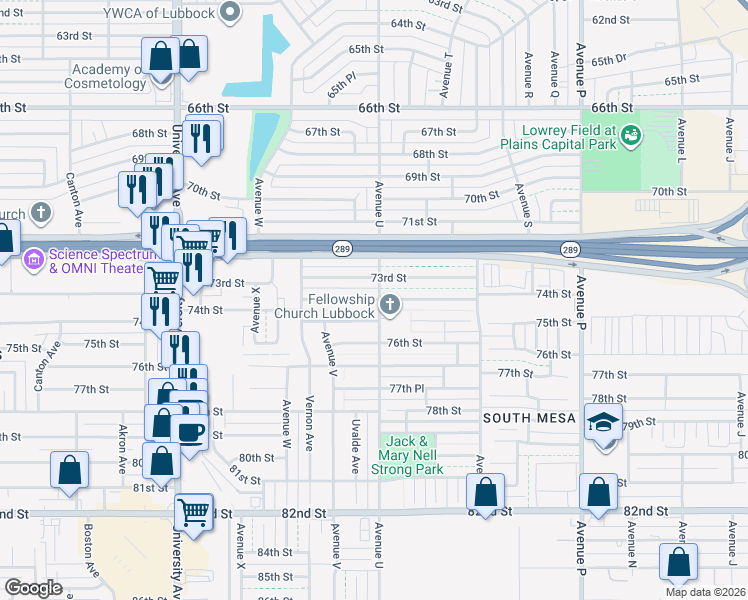 map of restaurants, bars, coffee shops, grocery stores, and more near 2101 73rd Street in Lubbock