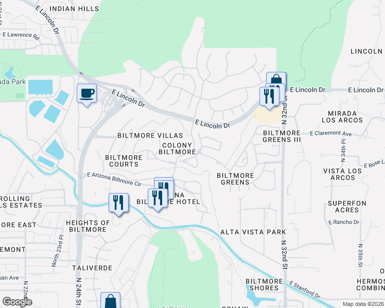 map of restaurants, bars, coffee shops, grocery stores, and more near 6302 North 30th Place in Phoenix