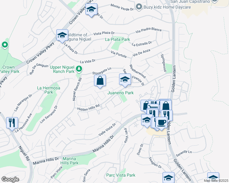 map of restaurants, bars, coffee shops, grocery stores, and more near 25061 Sanoria Street in Laguna Niguel